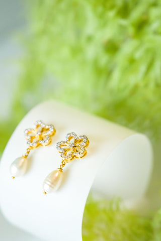 Sierra Earrings- Flower with Pearldrop - Adona Diamonds