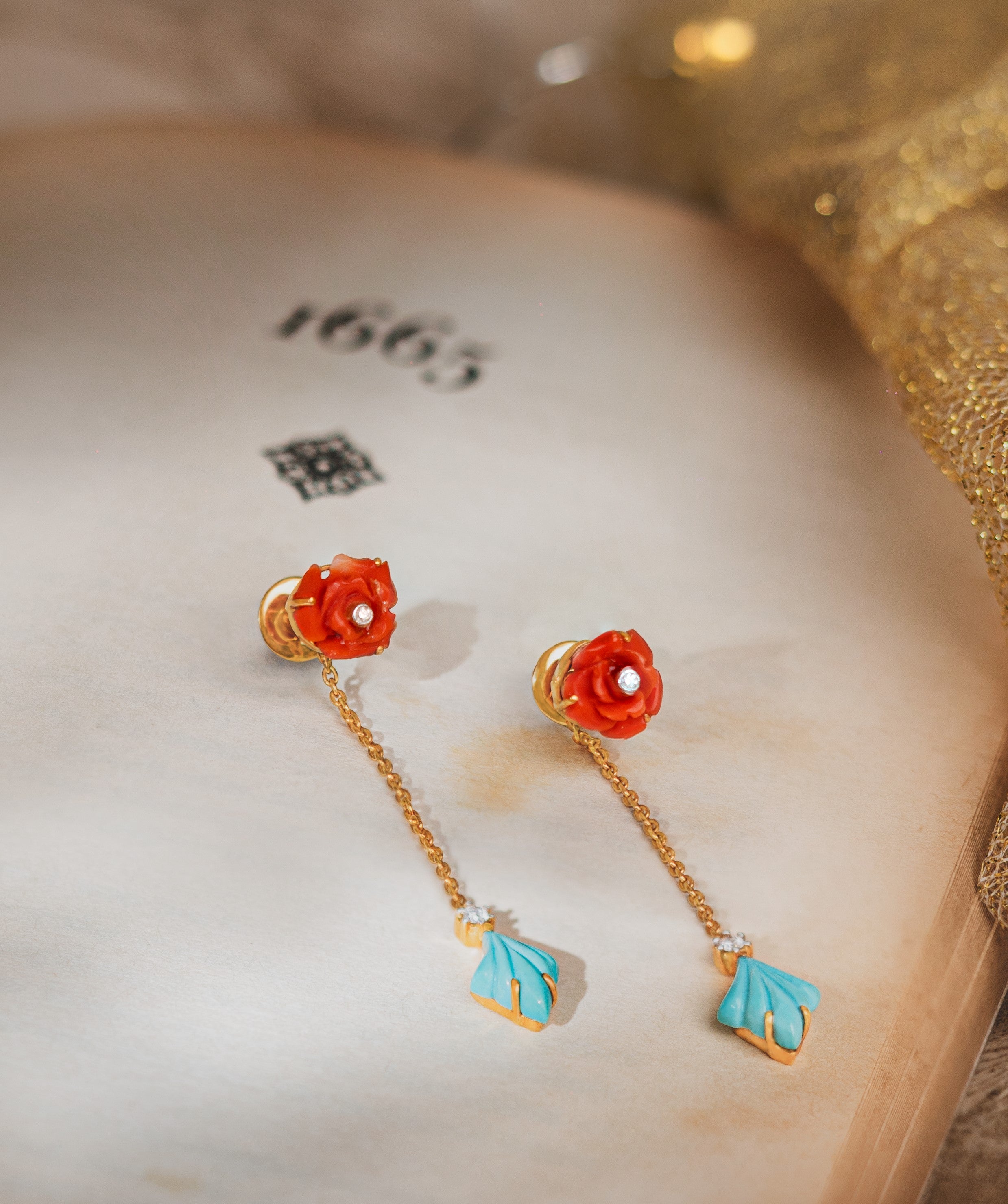 Eau de Rose - Coral Flower with Turquoise Drop Earrings